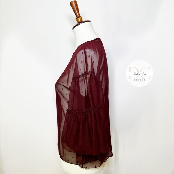 EXPRESS Polka Dot Mesh Top In Burgundy Size S - Picture 6 of 10